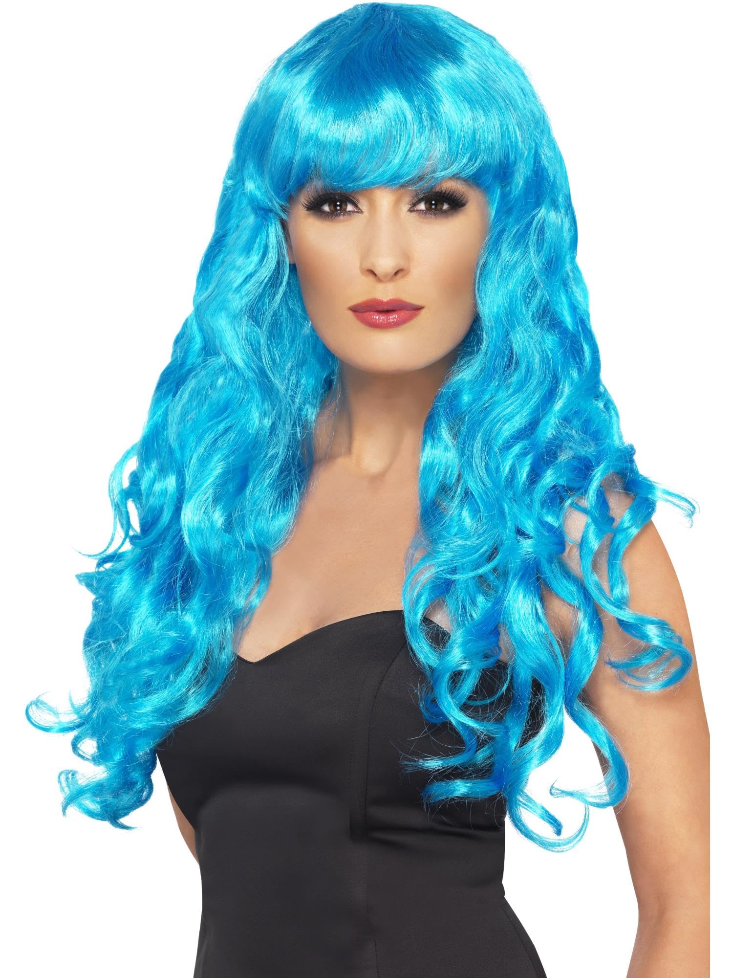 Smiffys Siren Wig, Blue Long, Curly with Fringe, Ladies Glamour Wigs Fancy Dress, Adult Dress Up Wigs — image 1