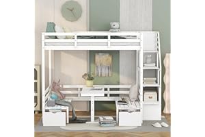 MERITLINE Full Loft Bed with Stairs and Desk, Wooden Full Loft Bed with Desk, Bunk Bed Full with Convertible Seats and Table Set Underneath for Kids Girls Boys Teens,White