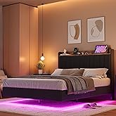 IDEALHOUSE King Floating Bed Frame with LED Lights & Charging Station, Upholstered Platform Bed with Storage Headboard, Wood Slats Support, No Box Spring Needed, Easy to Assemble, Black
