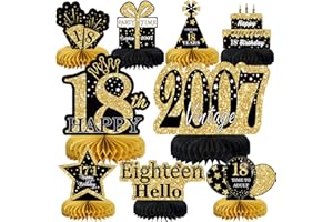 MOORAY 9Pcs Black Gold 18th Birthday Decorations Honeycomb Centerpieces for Boys Girls,Happy 18th Birthday Centerpieces Tables Toppers Party Decorations Supplies,Vintage 2007 Aged Birthday Table Sign Decor