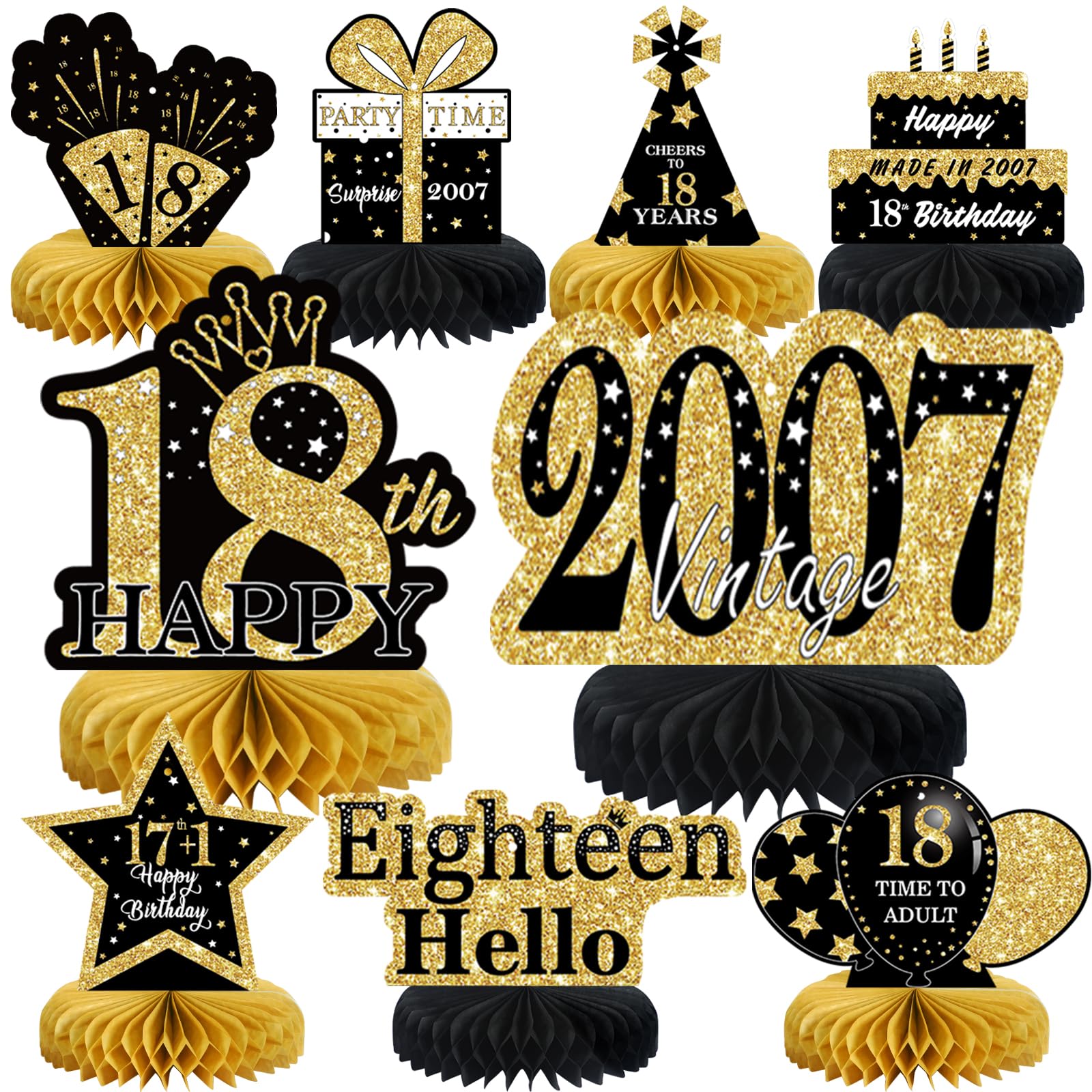 Photo 1 of 9Pcs Black Gold 18th Birthday Decorations Honeycomb Centerpieces for Boys Girls,Happy 18th Birthday Centerpieces Tables Toppers Party Decorations Supplies,Vintage 2007 Aged Birthday Table Sign Decor