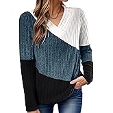 Flamingals Asymmetrical V Neck Cinched Waist Tops for Women Long Sleeve Colorblock Shirts Casual Shirts Tops Fall Fashion