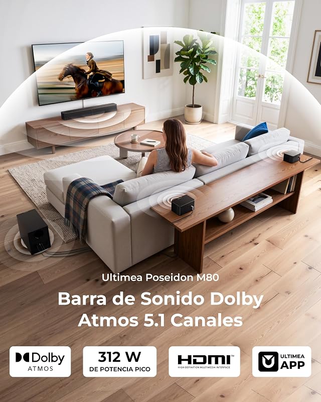 Sistema de Som Surround 5.1 com Dolby Atmos e Subwoofer Sem Fios