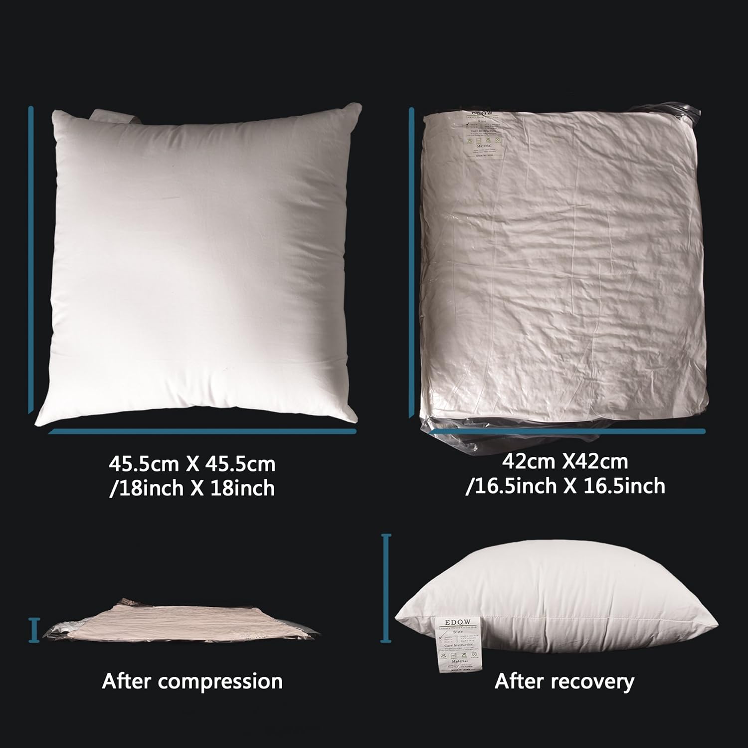 EDOW Luxury Throw Pillow Insert, Soft Fluffy Down Alternative Polyester Square Form Decorative Pillow Insert,Sham Stuffer,Cotton Cover for Sofa, Couch,Bed and Car. (White, 18x18): Home & Kitchen
