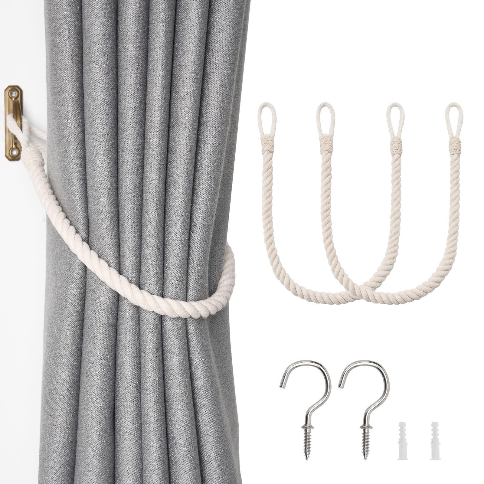 Pretty Jolly 2 Pack Natural Cotton Rope Curtain Tiebacks Boho Rustic Style Decorative Drape Tie Backs Elegant Hand-Woven Rope Curtain Holdbacks with Metal Hook for Home & Office Drapery (Cotton-Beige)