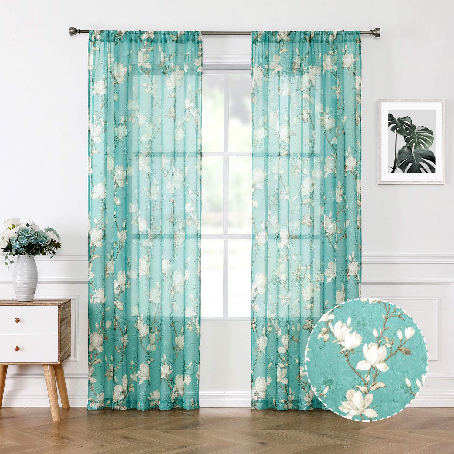 Tollpiz Floral Turquoise Sheer Curtain Flower Print Vine Embroidery Bedroom Curtains Rod Pocket Voile Window Curtain for Living Room, 54 x 72 inches Long, Set of 2 Panels