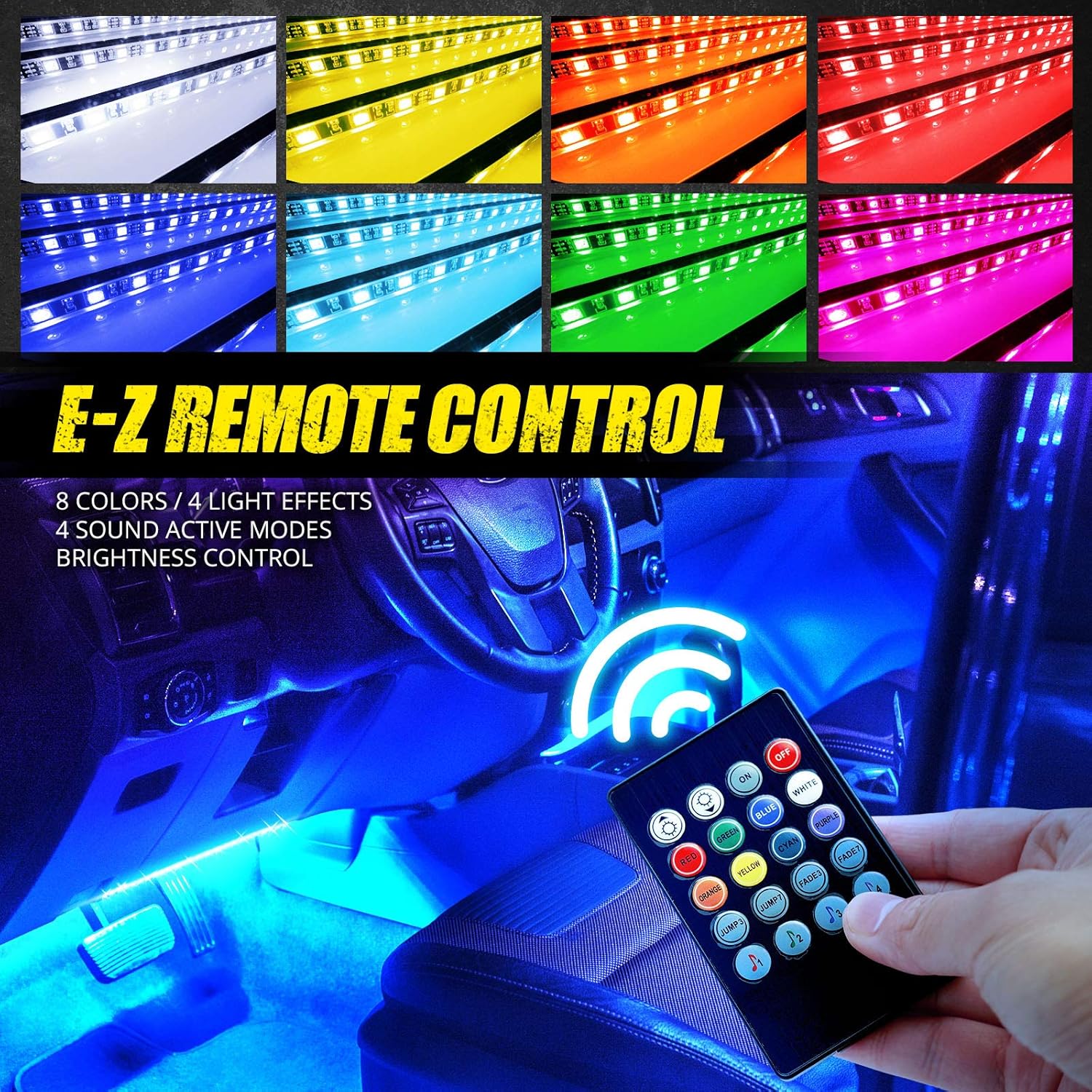 OPT7 Interior Car Lights LED Strip Kit, Aura Choice, 48 LEDs Multi-Color, Soundsync, Show Patterns, and Remote-Accent Underdash Footwell Floor, 4pc Single Row: Automotive
