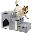 petizer Dog Stairs for Small Dogs, Foldable Pet Stairs for Couch/Bed with Storage Box, Condo and Cat Scratcher, Adjustable Non-Slip Dog Steps for Puppy, Cats, or Small (3-Step,17" H)