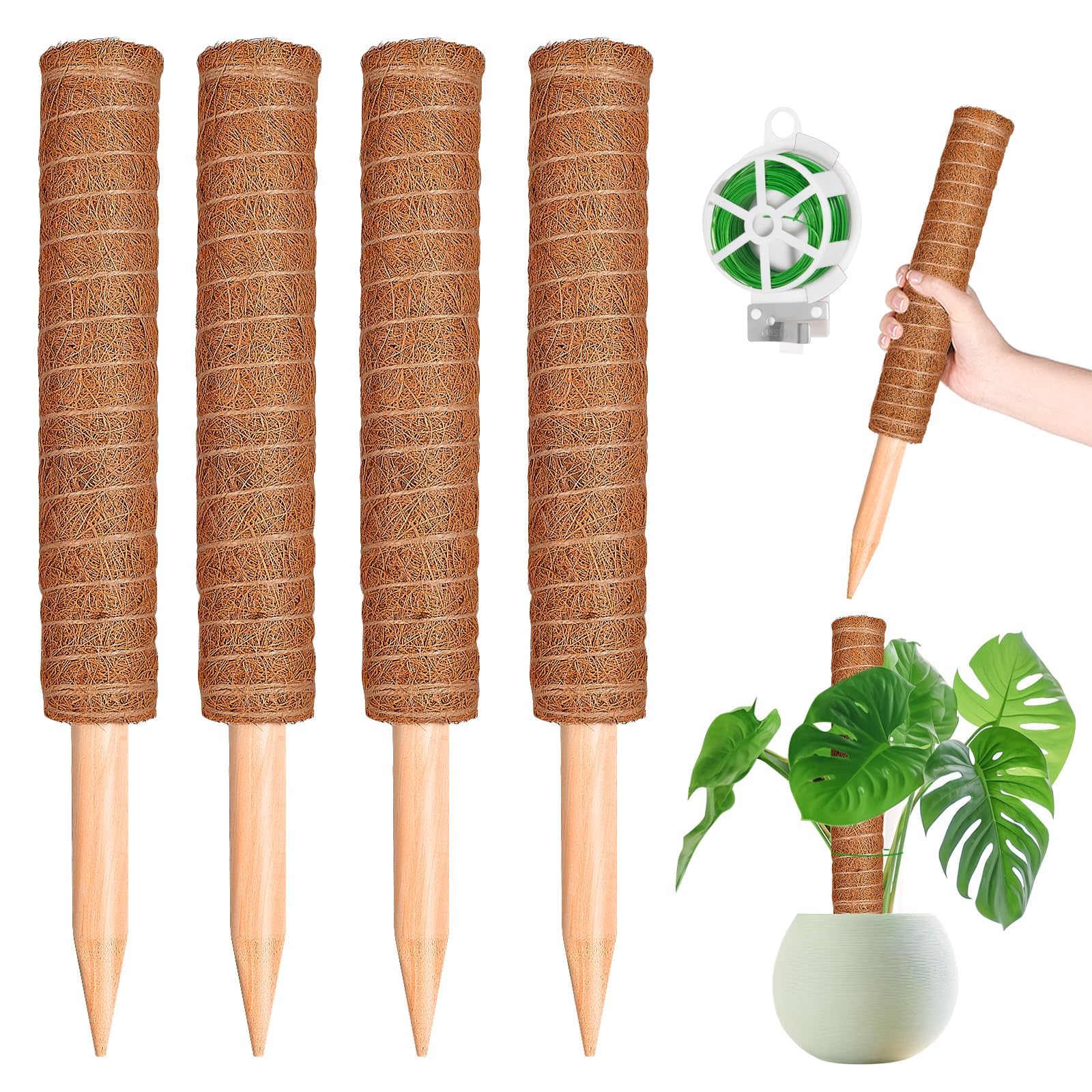 YAUNGEL Moss Stick, 4 Pcs 41CM Moss Pole Plant Support Totem Pole Plant Climbing Coco Coir Poles with 20M Twist Ties to Support Indoor Plants to Grow Upwards