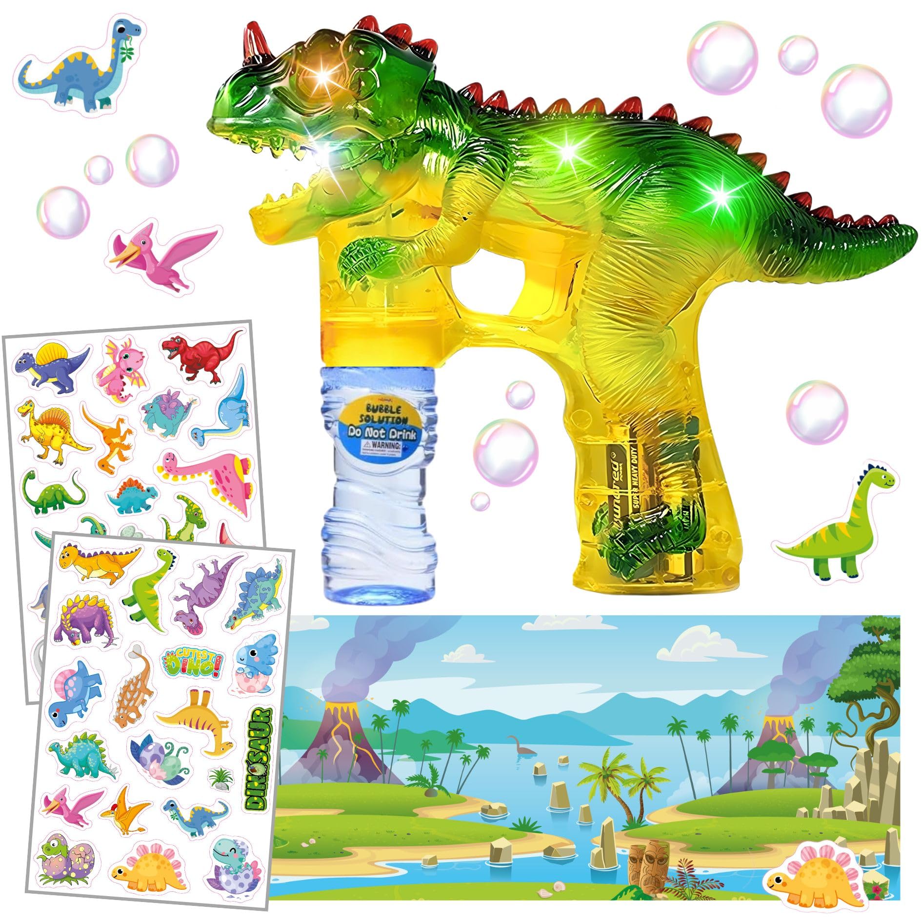 Haktoys Dinosaur Bubble Gun Toy with Reusable Sticker Book, Easter Basket Stuffers for Kids, Bubble Maker with Dinosaur Stickers Activity Set for Toddlers Boys Girls