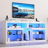 chartustriable 71" LED TV Stand w/Power Outlet, 31.5" Tall Entertainment Center for 75 Inch, Gaming Console with Storage, Adjustable Shelf Modern High Cabinet for Living Room Bedroom, White Marble