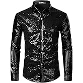 ZEROYAA Men's Shiny Metallic Sequin Long Sleeve Button Down Shirts for Halloween Cosplay Party