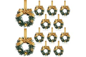 Zeyune 12 Pcs Small Christmas Wreaths for Kitchen Cabinets with Bow Ribbon Mini Cabinet Door Wreath Set Hanging Christmas Decor for Kitchen Window Outdoor Indoor, 14.96 x 7.87''(Gold Bow)
