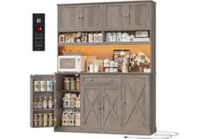 HIFIT 72.8” Tall Kitchen Pantry Cabinet with LED & Charging Station, 55” Wide Farmhouse Pantry Storage Cabinet with Microwave Stand&Shelves&Barn Doors, Kitchen Hutch Coffee Bar for Living Room, Grey