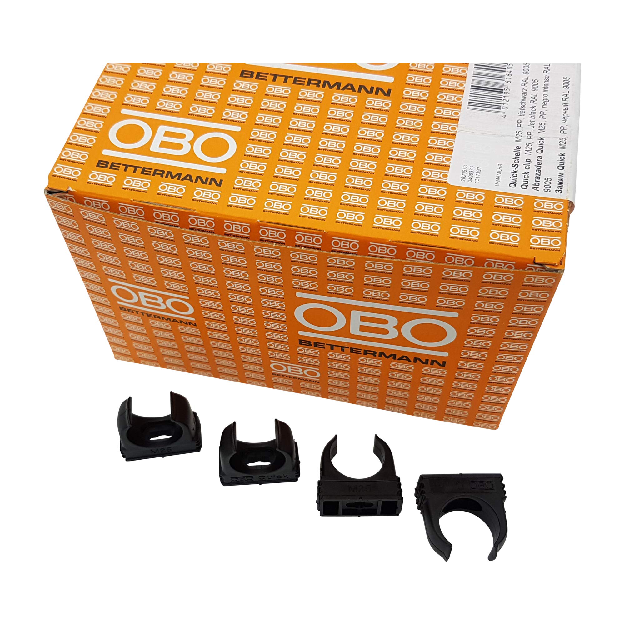 100 x OBO Bettermann M25 Quick Clamps, Clamps, Pipe Clamps, Stackable, Deep Black, 25 mm, Pack of 100