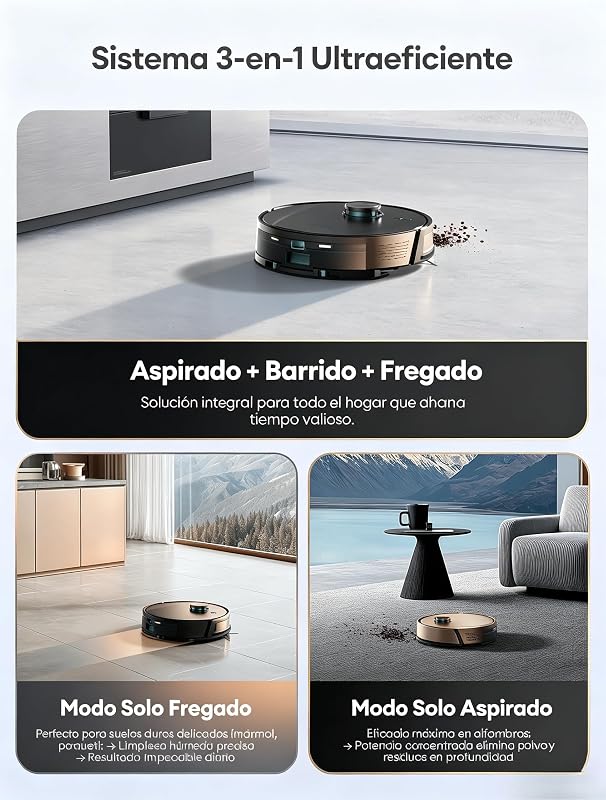 Robot Aspirador y Fregasuelos Autovaciado con Líquido Limpiador: Láser LiDAR Lineal, Evitación Mejorada, 10000 Pa, Refuerzo en Alfombras, App y Voz, para Apartamentos y Familias con Mascotas