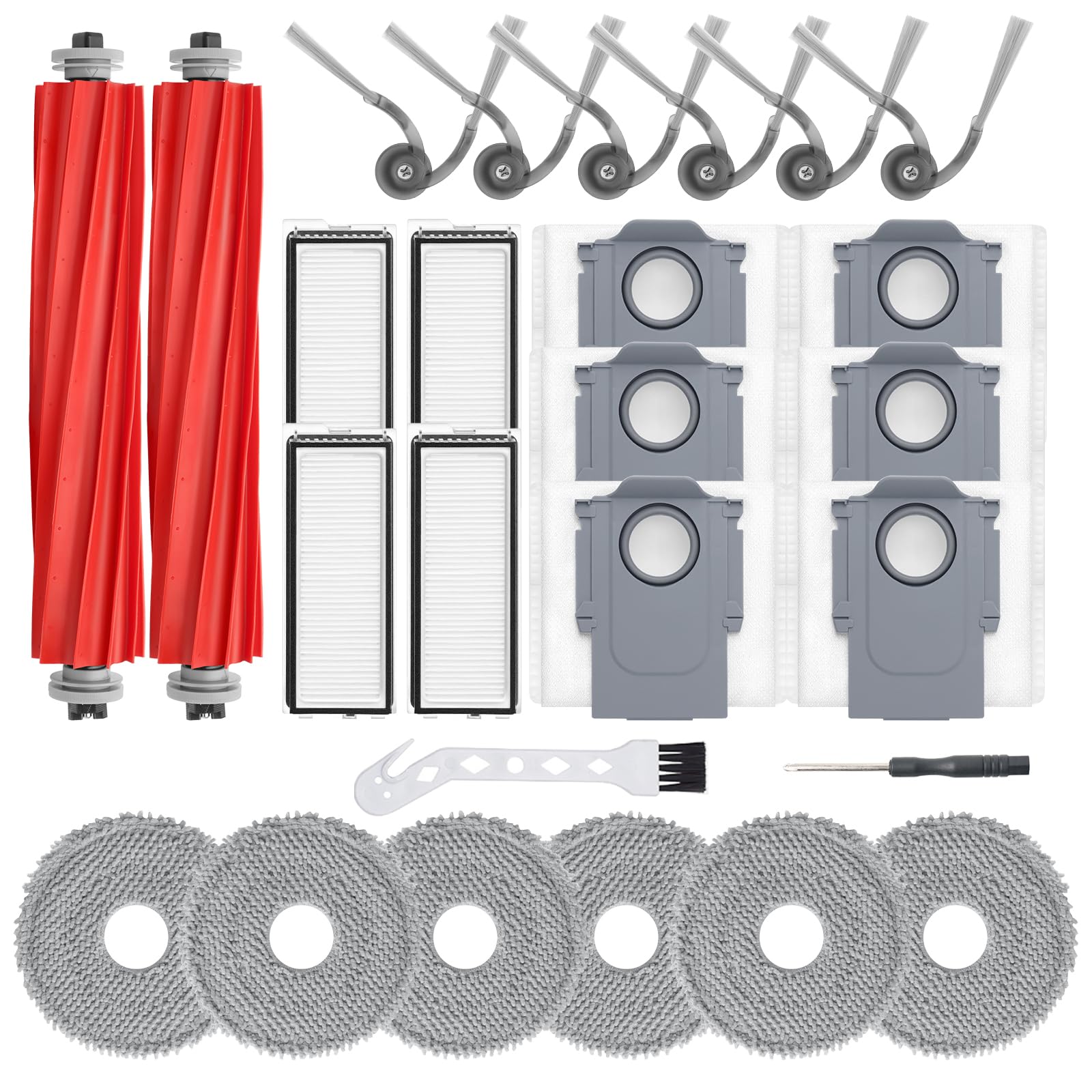 BUXEBUX 26Pcs Replacement Parts Accessories for Roborock QV 35A/ QV 35S Robot Vacuum Kit, 2 Main Brush, 4 Hepa Filter, 6 Mop Pads, 6 Side Brush, 6 Dust Bags, 1 Screwdriver, 1 Clean Tool