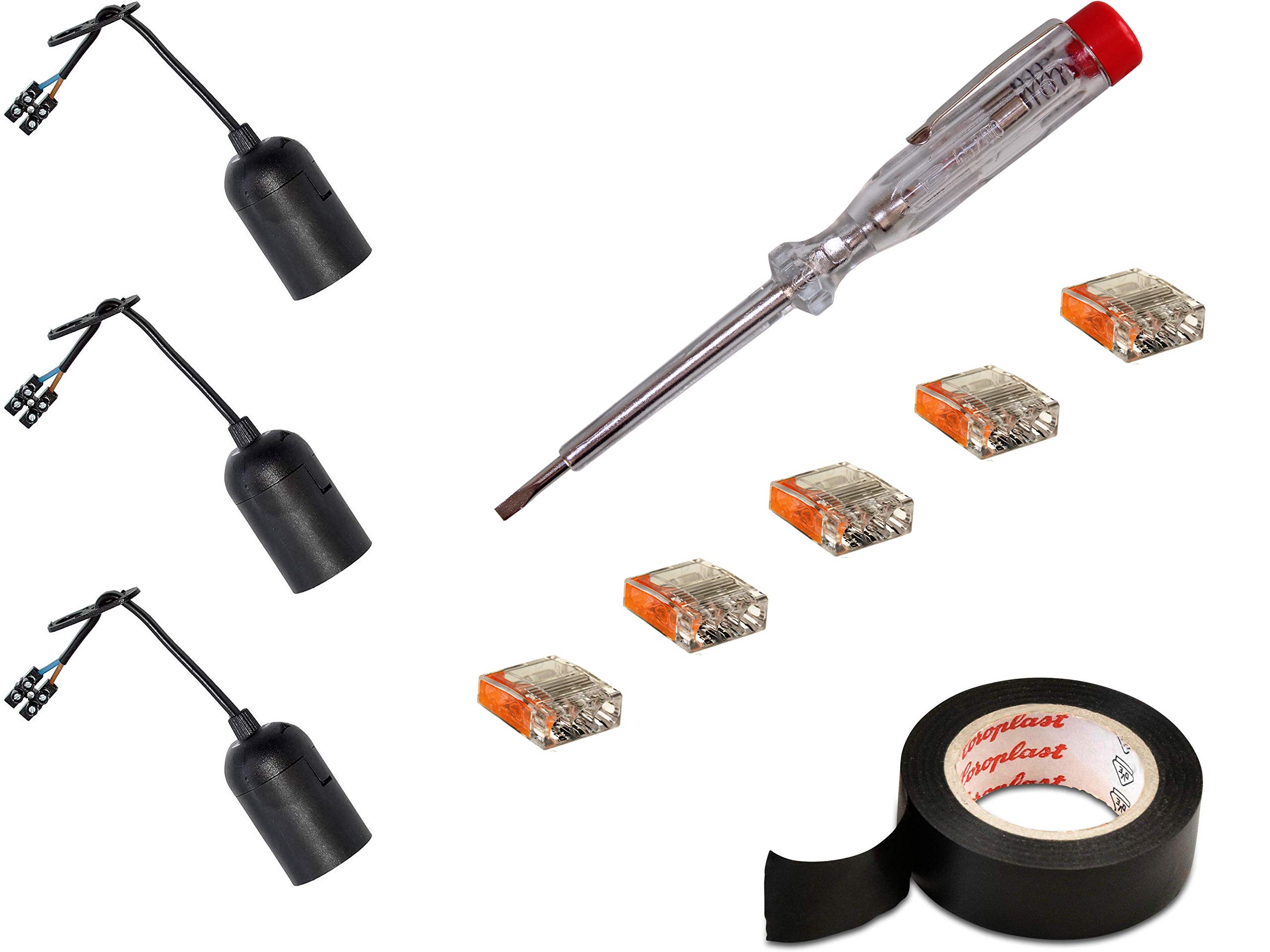 H+H Werkzeug RV1 Renovation Set - 3 x 1 VDE Voltage/Phase Tester, Insulation Tape, Plug-in Terminals for Lamp, Construction Site Sockets (20)