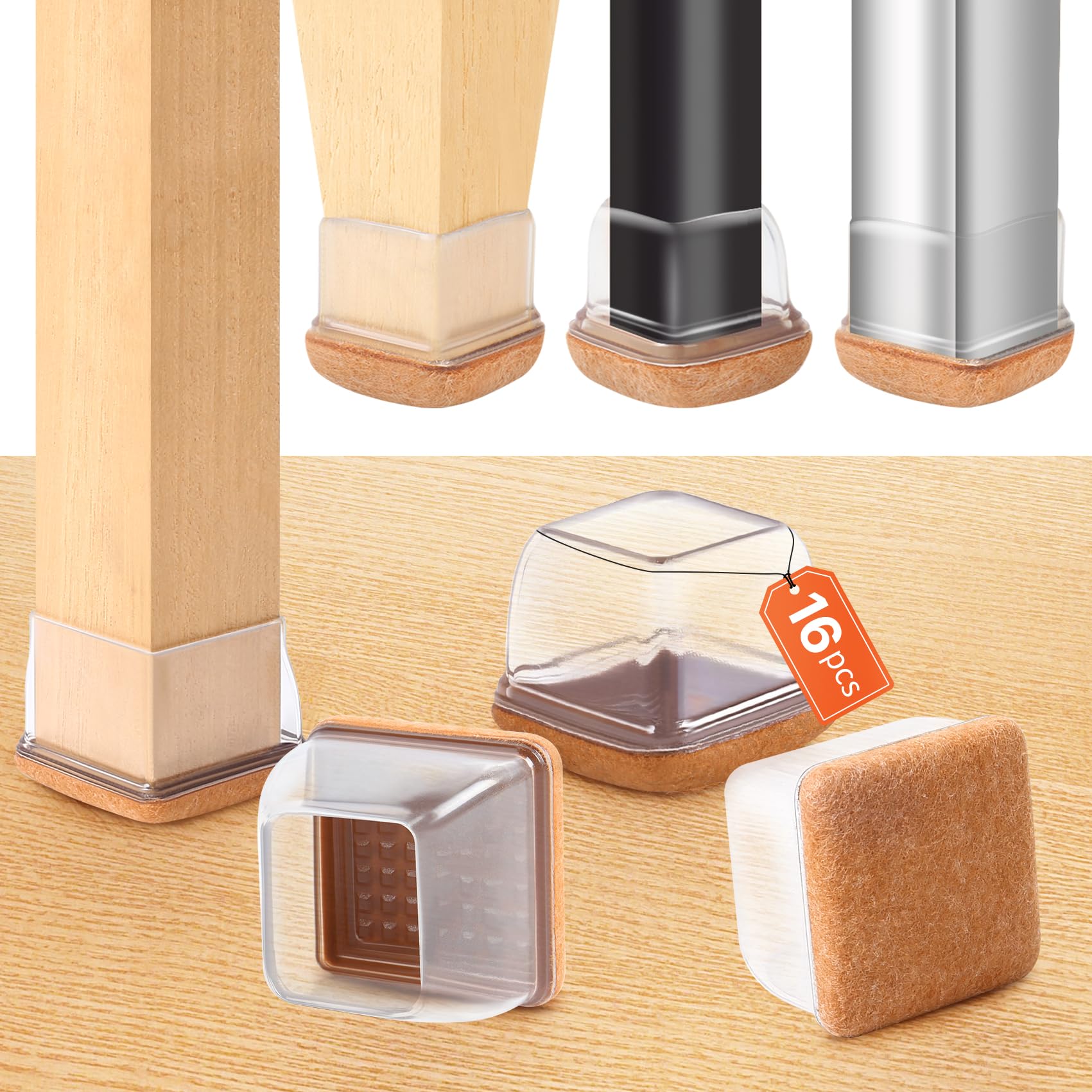 Photo 1 of 16PCS Extra Large Chair Leg Floor Protectors, Felt Furniture Pads for Hardwood Floors, Square Clear Sofa Bed Dining Table Chair Leg Covers to Protect Floors and Prevent Scratches & Noise(Fit:1.5"-2")