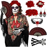 8 Pcs Dia de los Muertos Costume Set Traditional Mexican Tassel Shawl Rose | Dia de los Muertos Costume Accessories Halloween,Mexican Shawl,Rose Hair Clips,Skull Gloves,Folding Fan Lace Necklace Party