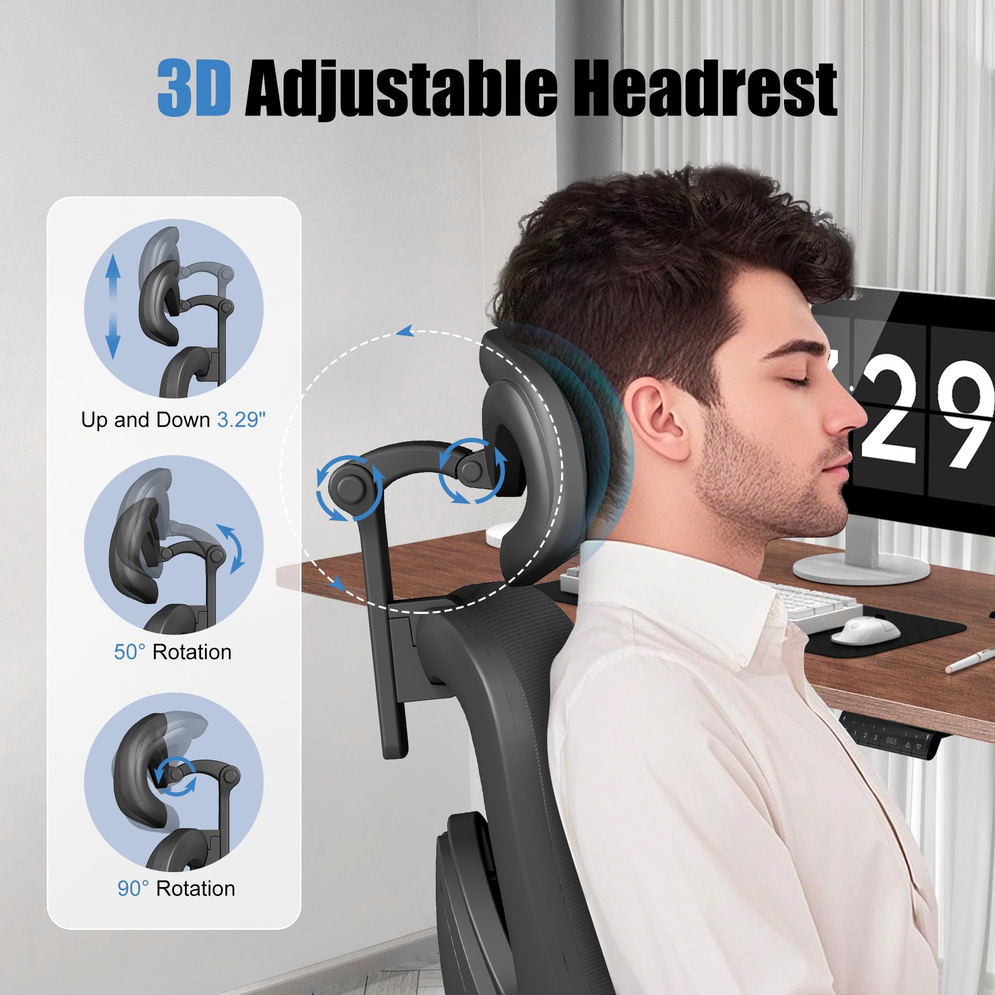 Ergonomic Office Chair with Adjustable Lumbar Support, 3D Arms and Headrest, High Back Wide Desk Computer Chair with Wheels, for Home & Office, Black - Image 5