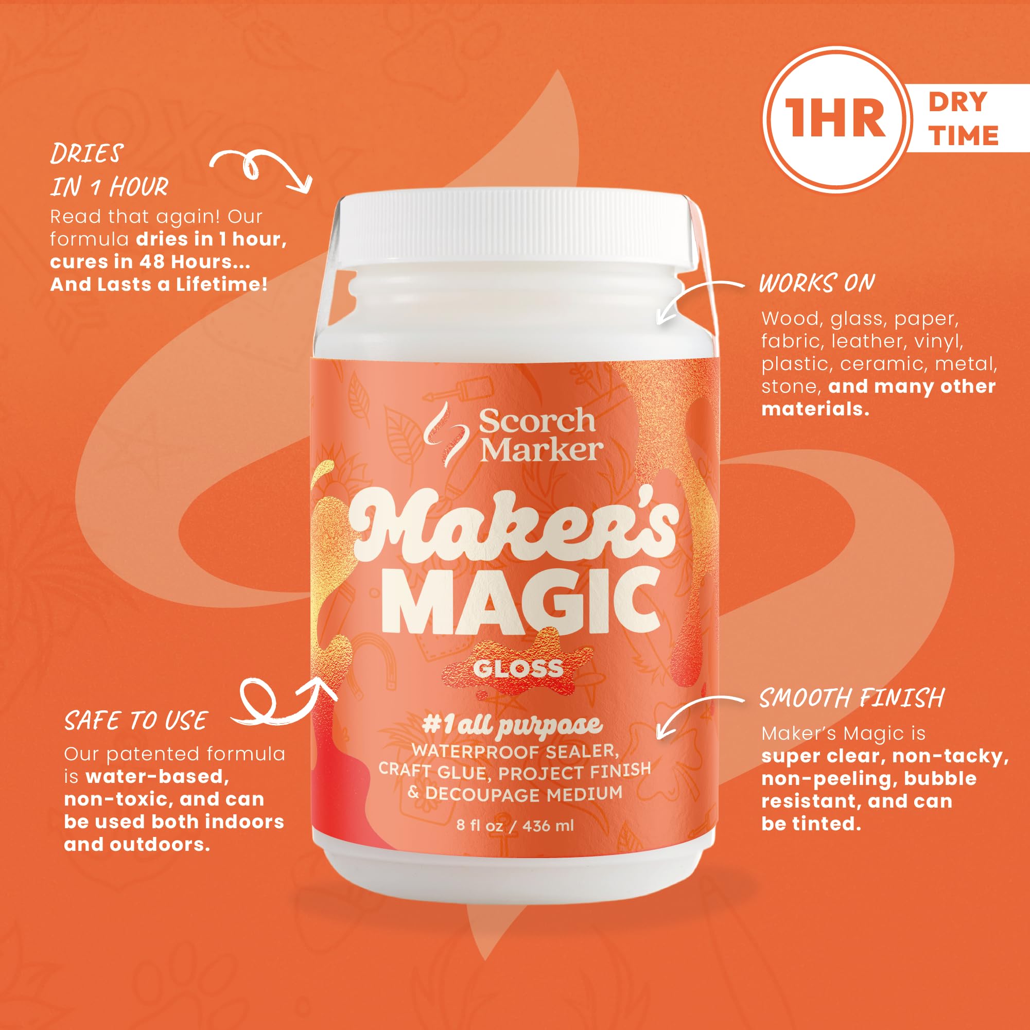 SCORCH MARKER - Maker’s Magic Sealer - Gloss Finish 8oz, All Purpose Glue, Waterbase & Waterproof Sealer for Crafts, Clear Glue for Glitter, Adhesive for Crafts, Decoupage, Wood, Fabric & More, 1 Pack