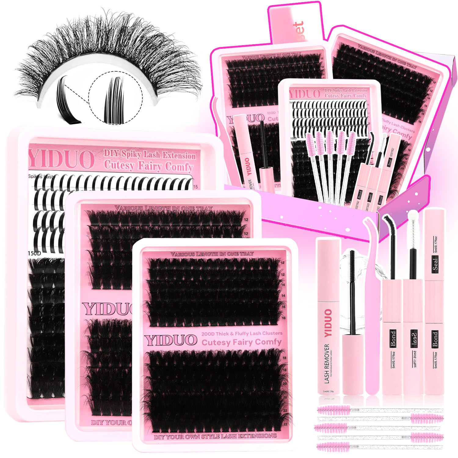 Photo 1 of YIDUO 575Pcs Lashes Clusters Kit with Glue and Removers, 150D+200D Volume Thick+Spiky Lashes Extension, 12-21mm Thick Extension Eyelashes DIY Individual False Eyelash Kit DIY at Home Easily