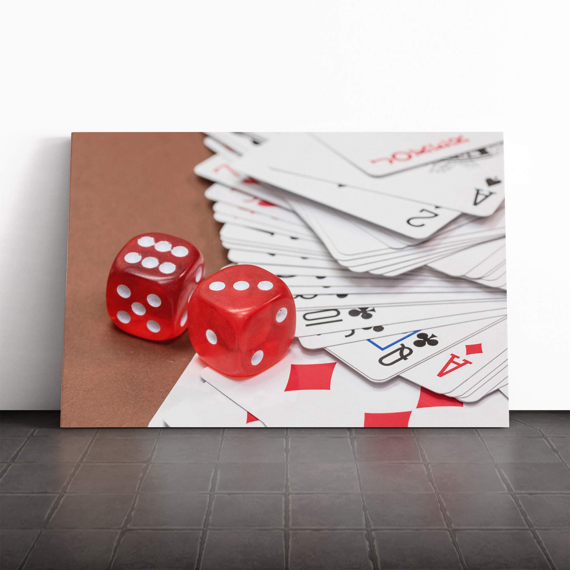 Red Dice and Deck of Cards Canvas Print | Gallery Wrapped 30mm Frame Wall Art | 20x14 inches | Ready to Hang | Modern Picture | Living Room Bedroom Lounge Office