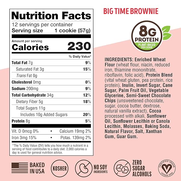 LENNY & LARRY’S THE COMPLETE COOKIE, BIG TIME BROWNIE, SOFT BAKED, 8G PLANT PROTEIN, VEGAN, NON-GMO, 2 OUNCE COOKIE (PACK OF 12)