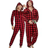 U2SKIIN Couple Fleece Onesie Pajamas, Matching Plaid Hooded Zipper Pjs Set Christmas Jumpsuit Warm Sleepwear for Women & Men