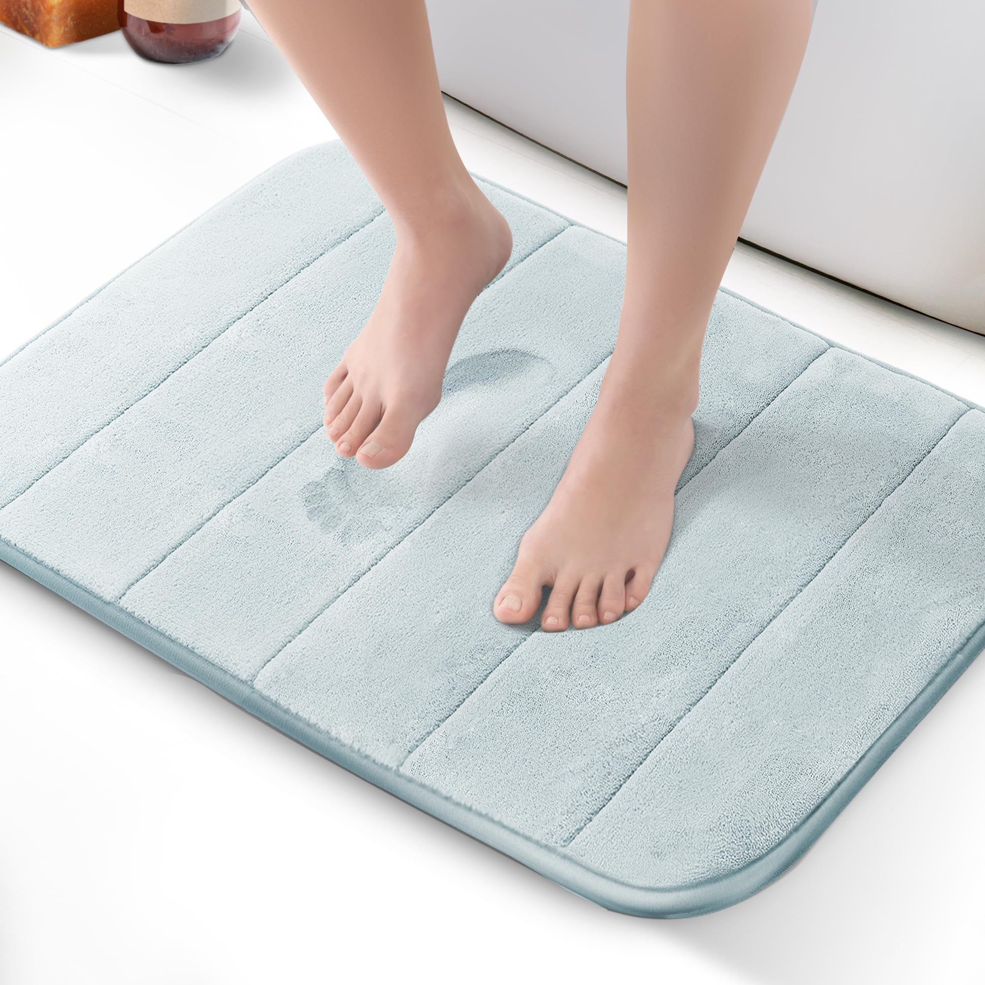 KEPLIN Memory Foam Bath Mat - Ultra-Soft, Highly Absorbent, Non-Slip, Machine Washable - Luxurious Comfort for Home & Bathroom Floors (Light Blue, 50 x 60cm)