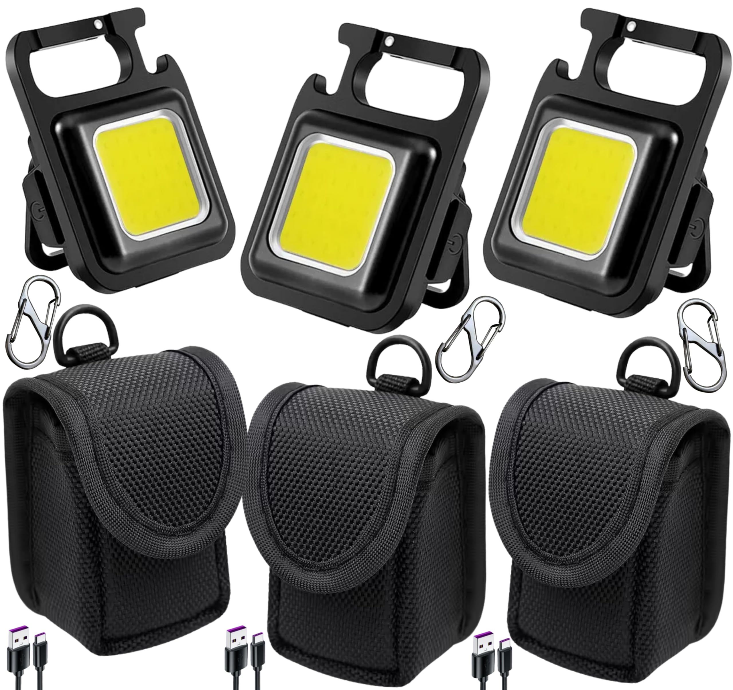 TradeProvider® 3× Mini COB Flashlight 3000 Lumens, 3× USB Rechargeable Torch, 3× Belt Bag & 3× Hook Carabiner, Keychain Magnetic Base, 4 Modes – Pocket Work, Outdoor & Emergency LED Light