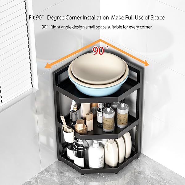 SERXIS 3 TIER STANDING CORNER SHOWER CADDY,WATERPROOF AND RUST PROOF,ADJUSTABLE HEIGHT,MULTI-FUNCTIONAL TIERED STORAGE FOR SHOWER GEL,SHAMPOO,COSMETICS,KITCHEN SUPPLIES,BLACK