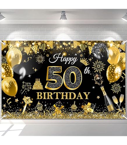 Geburtstags-Banner „Happy 50th“ – 185x110 Cm, Schwarz/silber, Stoff, Für Indoor/Outdoor-Partys