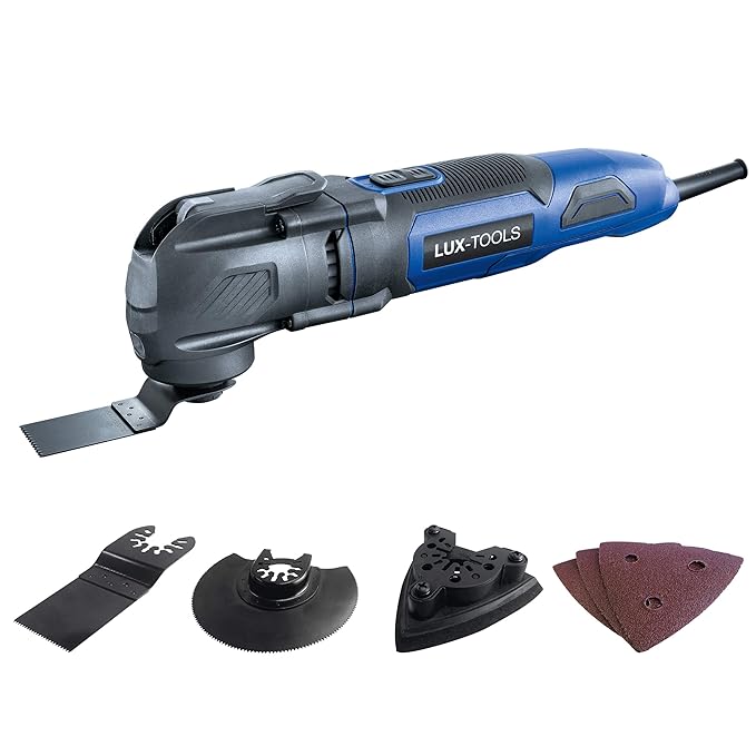 LUX-TOOLS MFW-250 B Multifunktionswerkzeug mit LED-Leuchte & Schnellspann-System, inkl. Tauchsägeblatt, Segmentsägeblatt & Sc