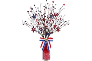 Shitailu 4 Pack Patriotic Artificial Berry Stem Picks White Blue Red Stars for 4th of July Independence Day, Pentagram Faux Berry Branches Decoration for Home Office Restaurant Vase Décor