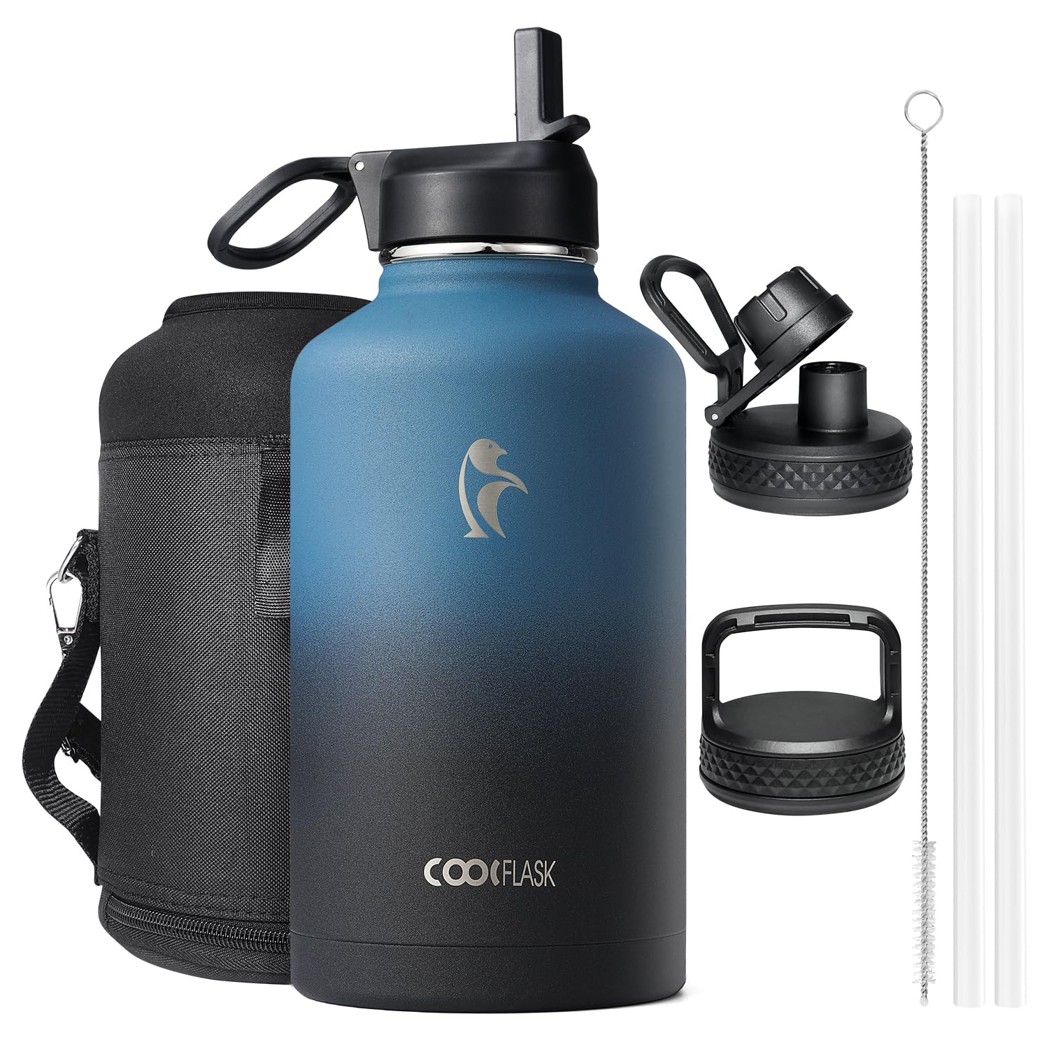 Coolflask Insulated Water Bottle 2L - 3 Lids with Straw & Spout & Handle, Leakproof Vacuum Stainless Steel Water Bottle for Sports, Travel, Gym, 48H Cold & 24H Hot, BPA Free, Navy Black Gradient