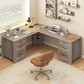 Halitaa Farmhouse Home Office Desk with 6 Drawers, L Shaped Executive Desk with Power Outlets and Triangle Under-Desk Storage Shelf &amp; Drawer File Cabinet, Corner Computer Desk, Grey