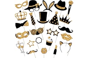 Zonon 24 Pieces Funny Photo Booth Props:Halloween,Christmas,Family Reunion, Class Reunion, Birthday, Weddings, Prom Disco Mardi Gras Party Supplies - Mix of Hats, Lipstick, Tie(Golden)