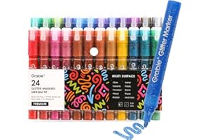 Grabie 24 Glitter Metallic Markers, Medium Tip Glitter Acrylic Paint Markers, Quick-Drying Water-based Ink Glitter Pens for Adults, DIY Crafts Making, Set of 24