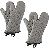 ARCLIBER Oven Mitts 2 Pairs of Quilted Terry Cloth Cotton Lining,Extra Long Professional Heat Resistant Kitchen Oven Gloves,16 Inch,Gray