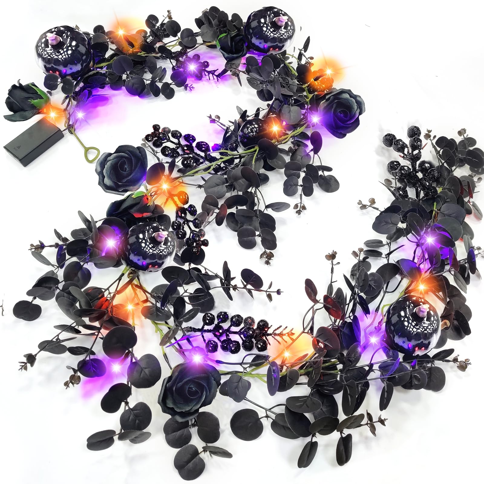 Photo 1 of [Dual Color Lighted & Timer]5.9 Ft 20 LED Halloween Garland with Purple Orange Lights, Black Eucalyptus Garlands with Roses Pumpkins Berried Twigs Halloween Decorations for Home Table Mantle Fireplace