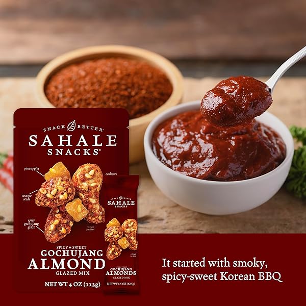 SAHALE SNACKS GOCHUJANG ALMONDS GLAZED MIX, 1.5 OZ BAGS (18 PACKS) – DRY-ROASTED DELUXE MIXED NUTS INSPIRED BY TRADITIONAL KOREAN BBQ – NON-GMO, KOSHER, & CERTIFIED GLUTEN-FREE SNACKS