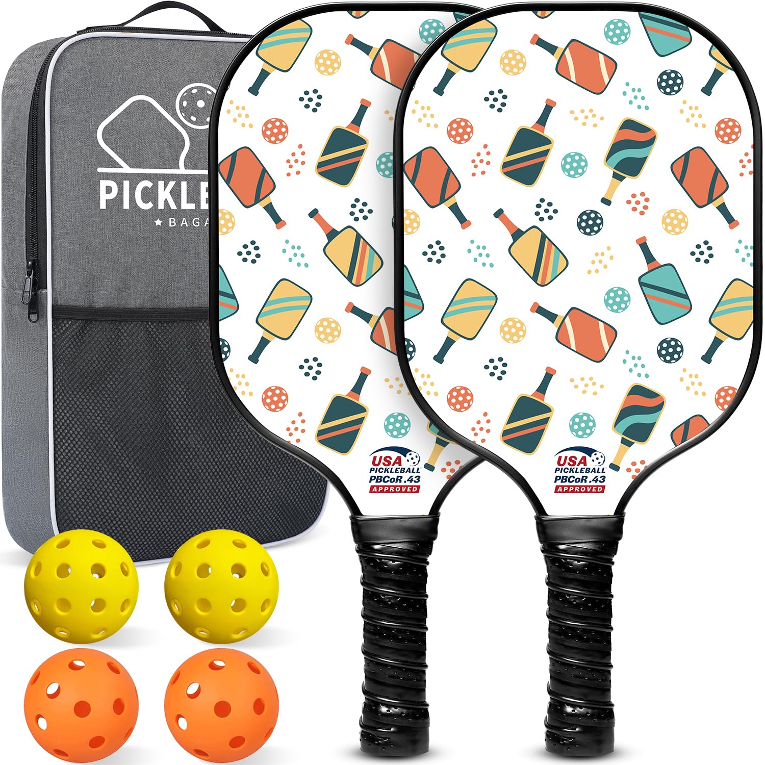 BAGAIL Pickleball Paddles, USAPA Approved Fiberglass Surface Pickleball Set, Lightweight Pickle Ball Rackets with 4 Balls, 1 Bag, Designed in California for Traction and Stability - 2 Pack, Racket Image