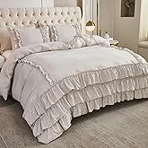 Herside Grey Ruffle Comforter Set Queen Size,Waterfall Ruffle Shabby Chic Bedding Sets,Soft Fluffy Boho Comforter Sets for All Season,Vintage Ruffled 3 PCS Lightweight Quilt Set for Women Girls