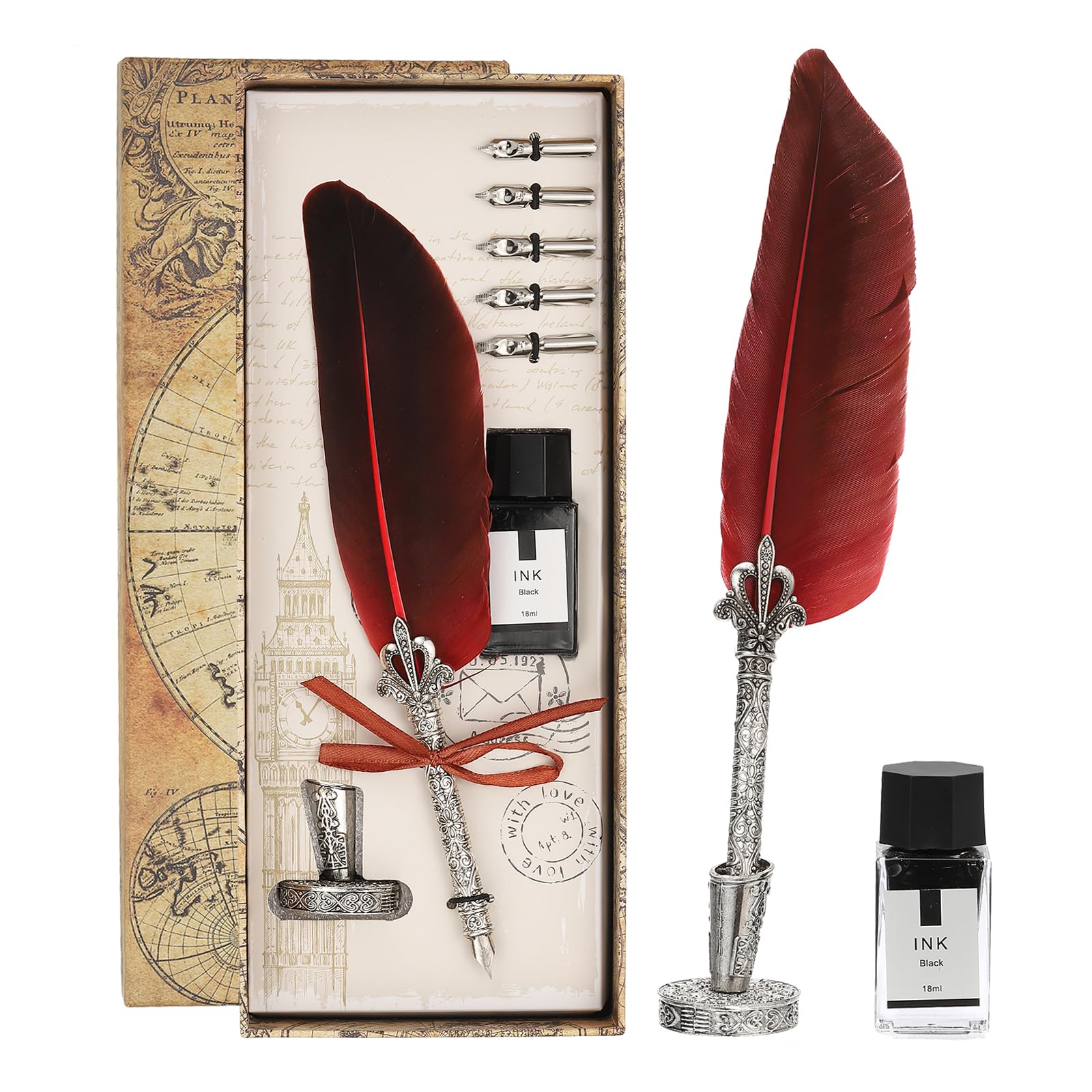 PATIKIL 26cm/11 Carved Feather Pen Set, Vintage Quill Pen with Ink Set 5 Replacement Nibs Stand Base for Calligraphy Writing Dip Pen Wedding Gifts, Red