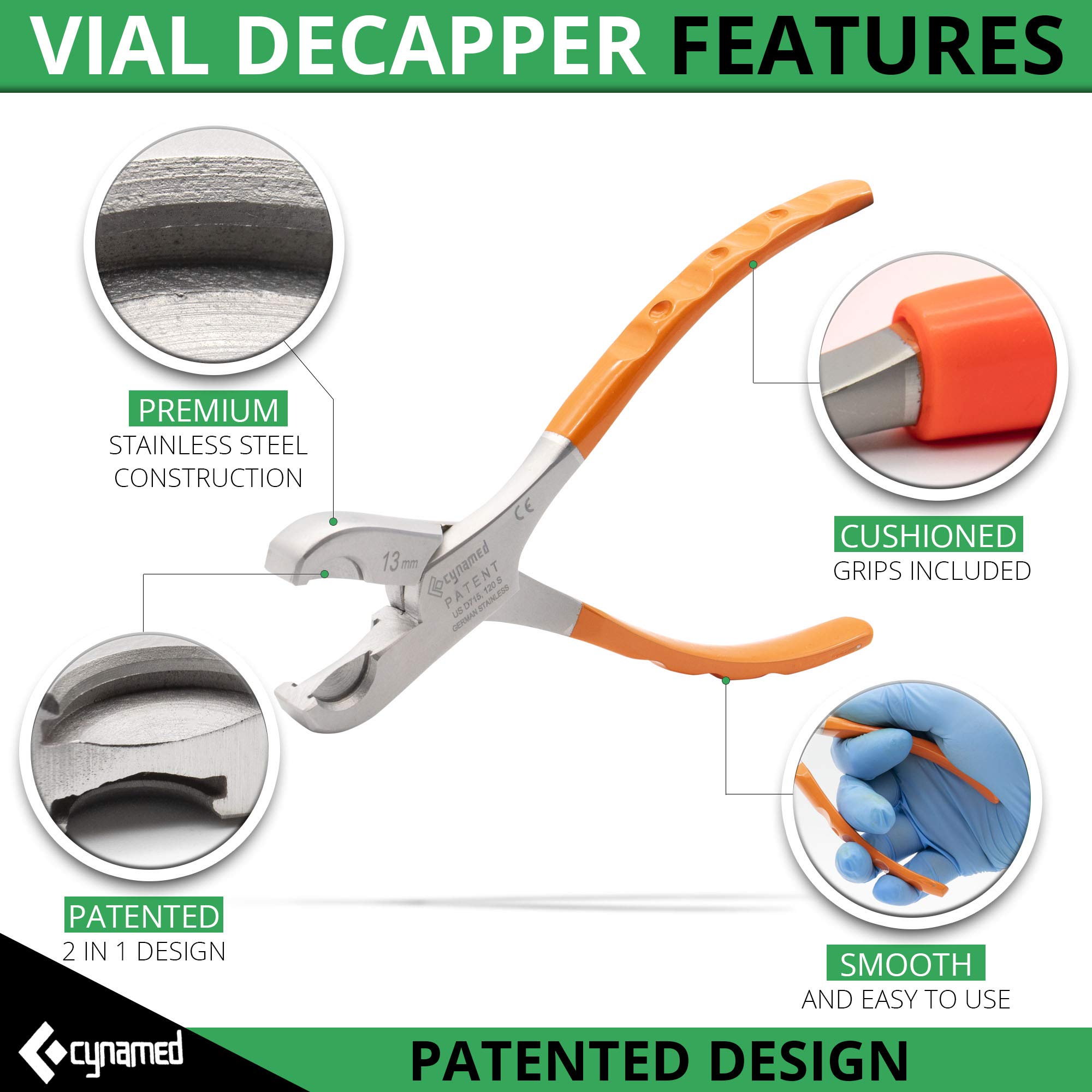 Cynamed Twin Action Decapper Pliers - Perfect for Decapping 13mm and 20mm Crimped Vials and Bottles