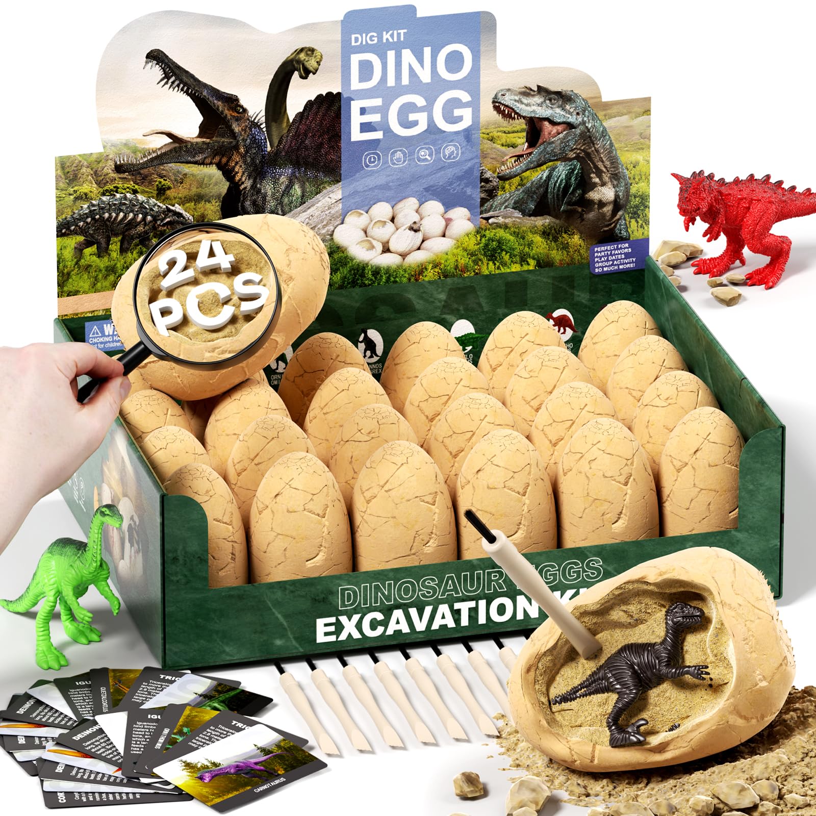 24 Dinosaur Eggs Dig Kit Toys for Kids, Surprise Dinosaur Eggs Excavation Kit with Magnifier, Science STEM Birthday Party Favors Easter Gifts for Boys Girls Age 3 4 5 6 7 8 9 10 + Years Old