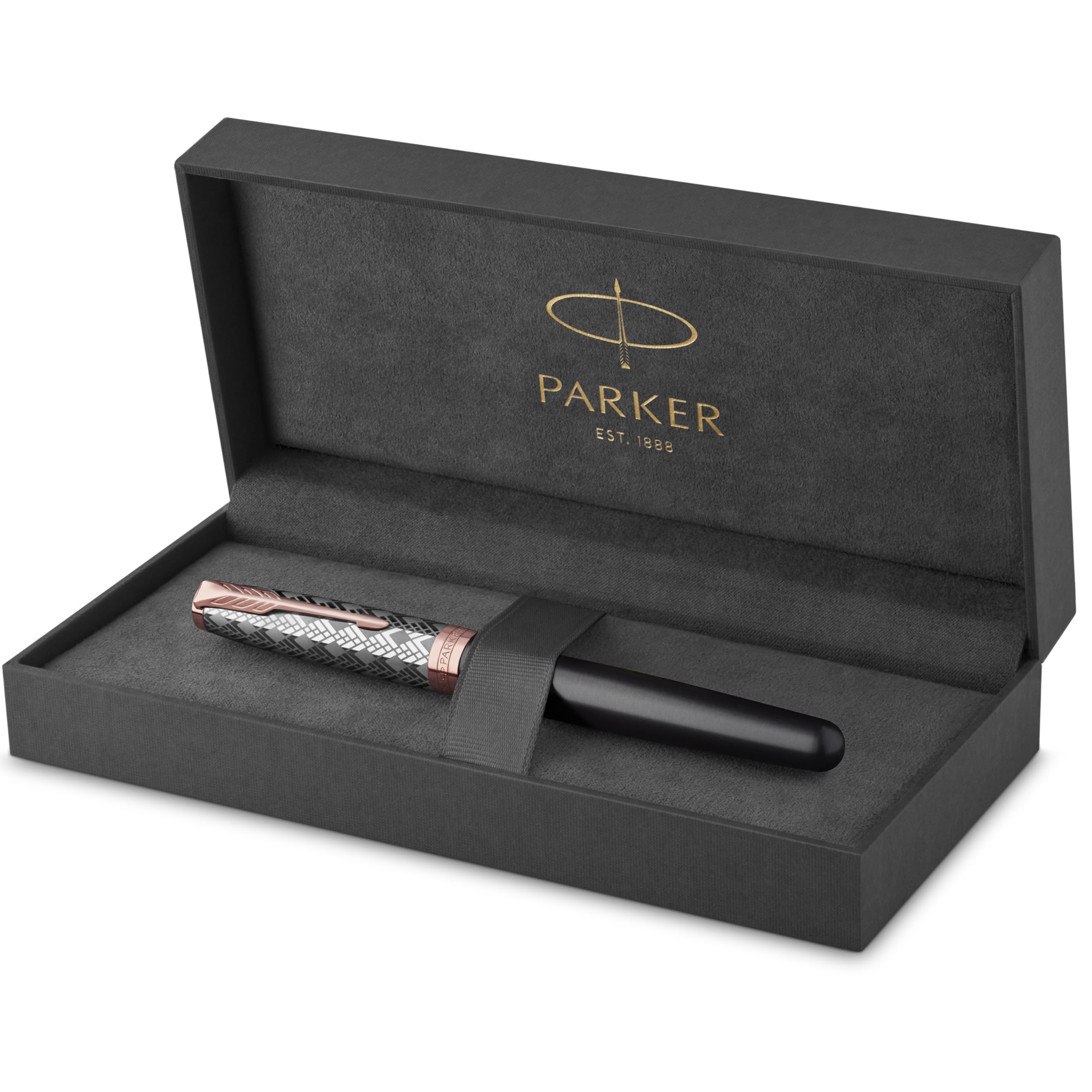 PARKER Sonnet Fountain Pen | Premium Metal and Grey Satin Finish with Rose Gold Trim | Fine 18k Gold Nib with Black Ink Cartridge | Gift Box