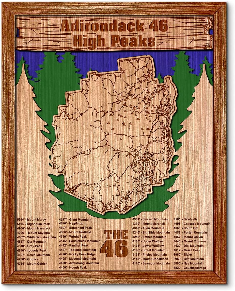 Mixed Media - Hand Crafted, Laser-etched 3D Nautical Wood Lake Maps. Multi Layered wood framed topographical map. Lake decor, wood wall art, lake sign. (Adirondacks High Peaks, Large)